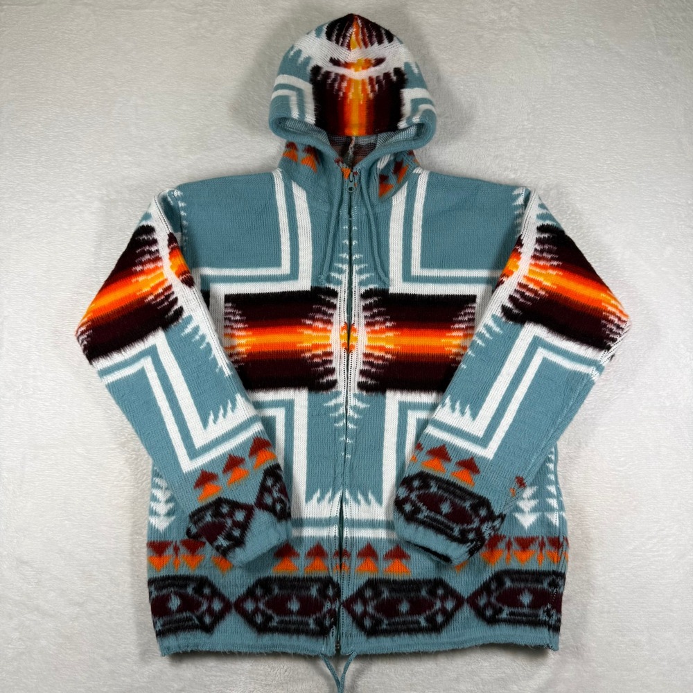 Artesanias Tuntaquimba Wool Hooded Sweater Small Blue Aztec Zip Up Ecuador
